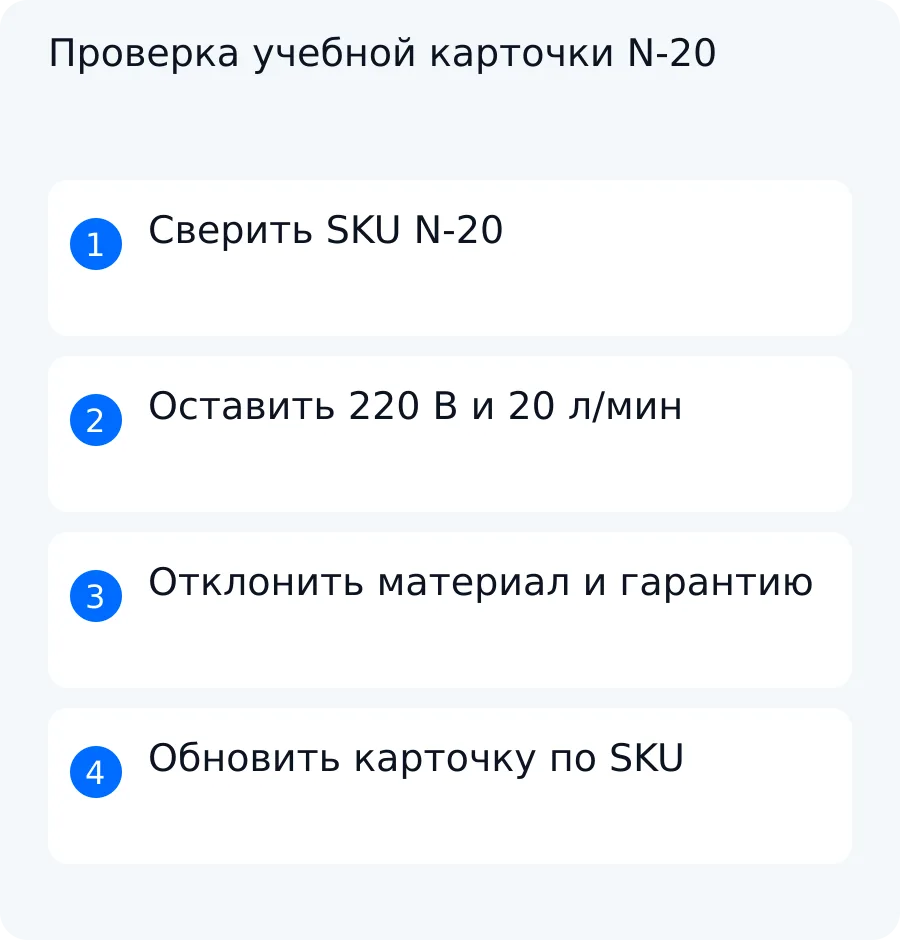 Схема проверки насоса N-20: подтверждённые значения сохраняются, неизвестные материал и гарантия не публикуются