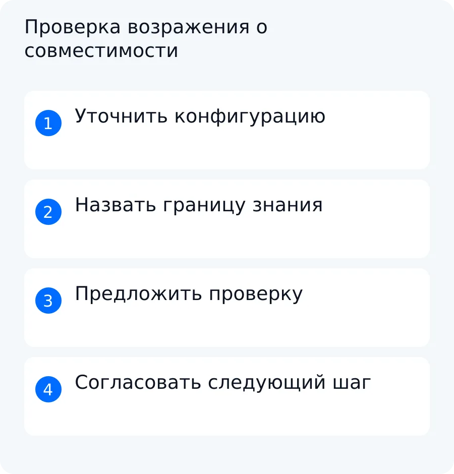 Схема разбора учебного возражения о совместимости по уточнению, подтверждённому факту, работе с сомнением и следующему шагу