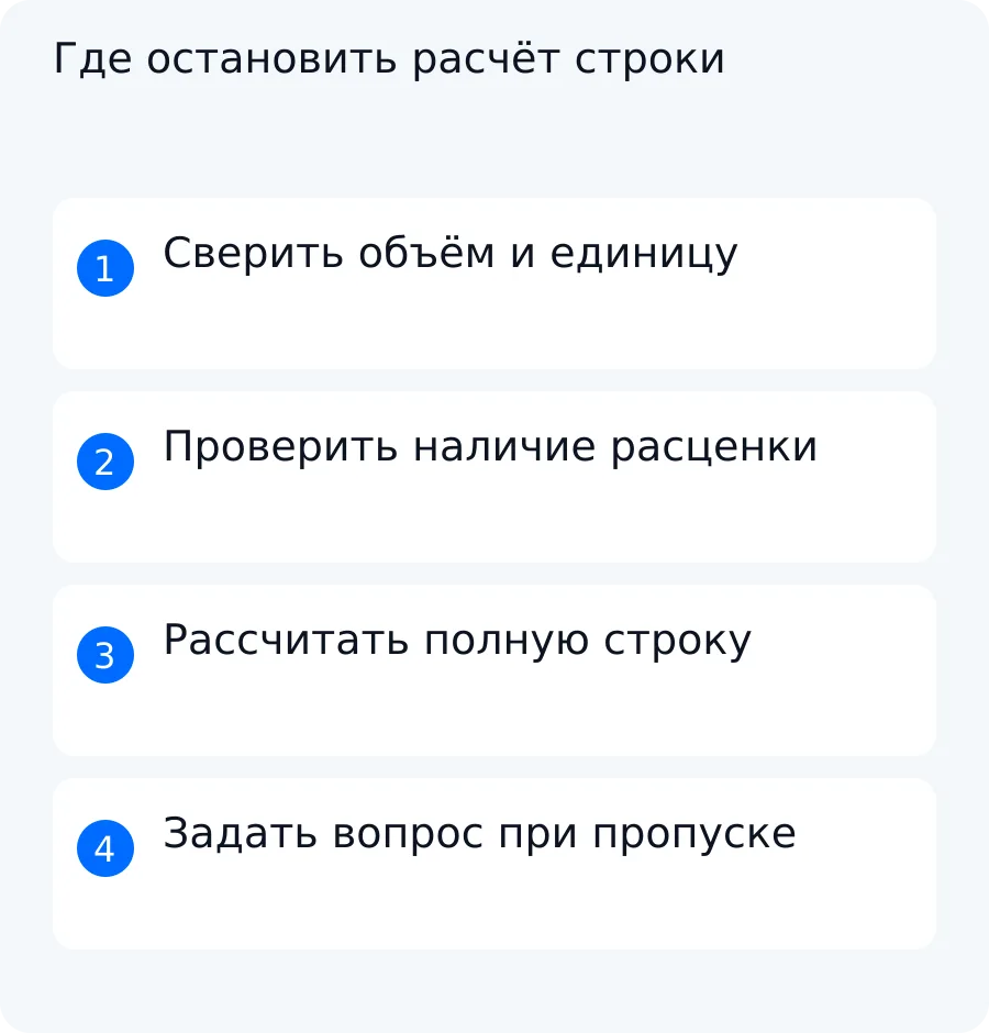 Схема проверки учебных строк: совместимые данные рассчитываются, несовпадающие единицы и пропущенный объём требуют уточнения