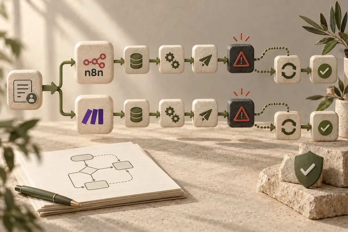 Схема сравнения n8n и Make: единое входное событие, запись данных, частичный сбой и восстановление результата